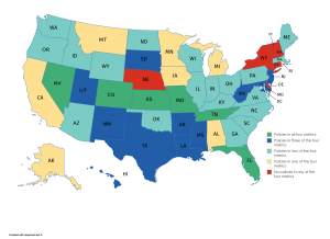 Map of US states color coded by the number of ECS transfer metrics in plance